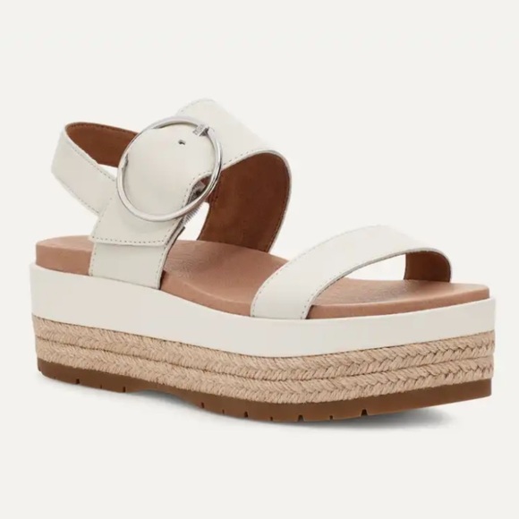 UGG April Espadrille Wedge Platform Sandals Off White Leather Buckle 10 - Picture 1 of 14